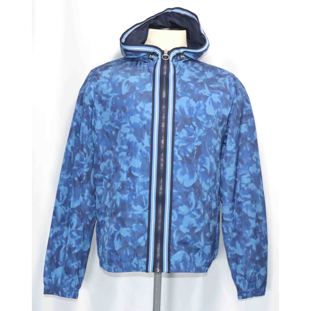 $398 Michael Kors Blue Floral Camouflage Lined Hooded Zip Jacket Mens Size Med